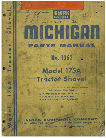 Michigan Parts Manual for Model 175A Tractor Shovel