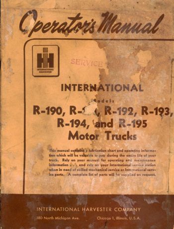 International Truck Operator's Manual for R-190, 191, 192, 193, 194 and 195